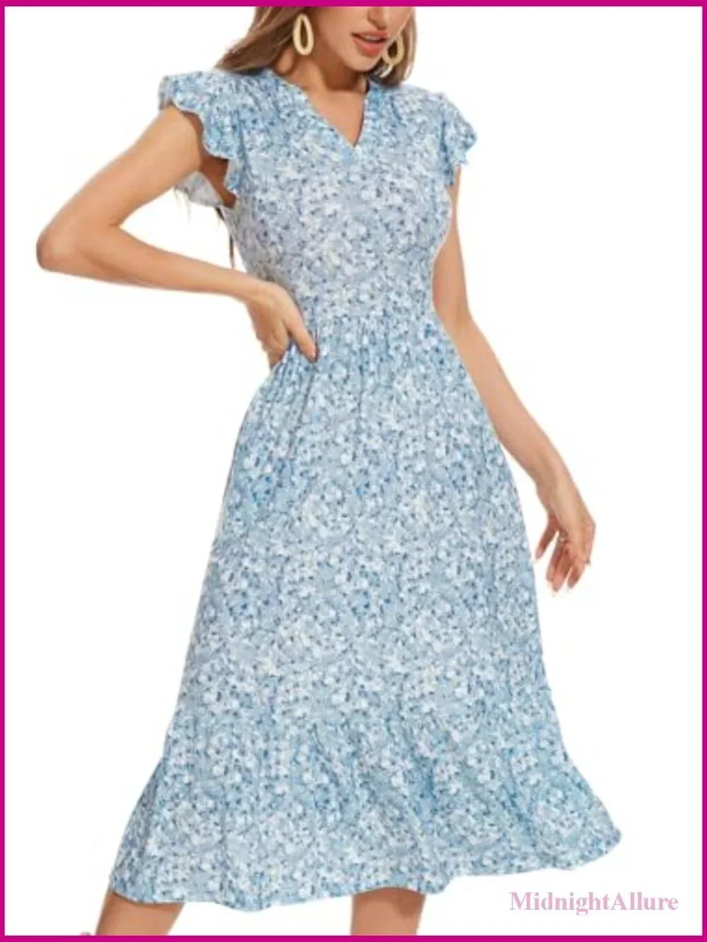 Midi Dress with Pockets Ruffle Sleeve Notched Neck A-Line Boho Beach Sundress